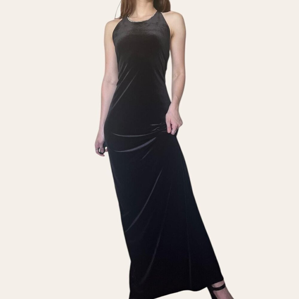 Onyx Nite 90s black velvet x-back diamante high neck formal dress vintage Medium - Picture 3 of 7